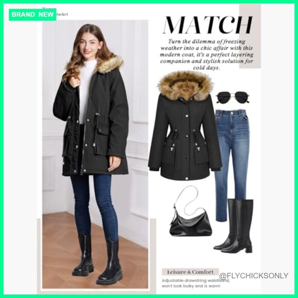 Fleece Lined Parka Jacket Hooded Warm Thicken Coat With Fur Hood - Picture 6 of 7